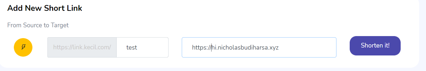 The shorten form filled in with a test slug and target URL