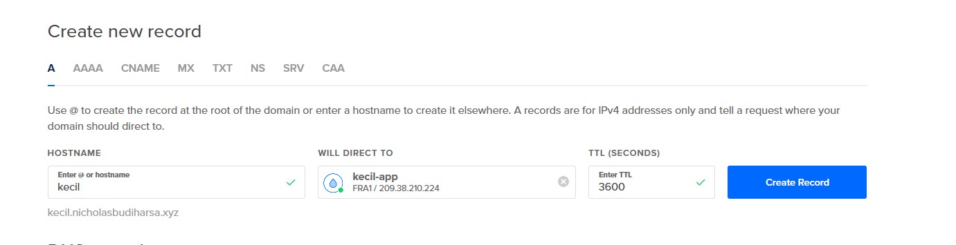 Creating an A record pointing the kecil hostname at the droplet