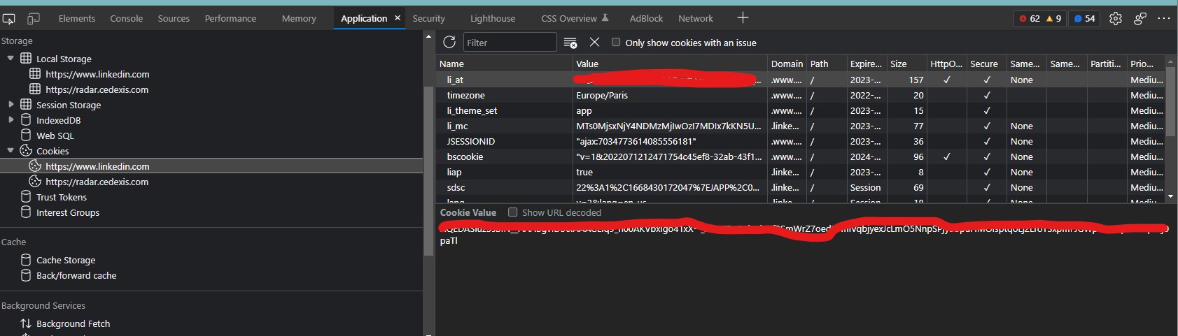 Chrome application tab showing the LinkedIn session cookies, with values redacted