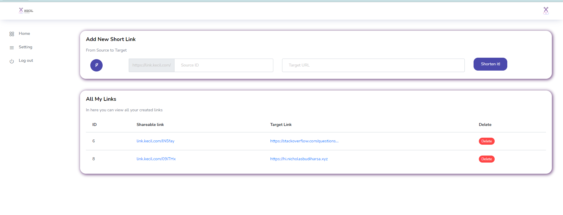 The finished Kecil dashboard with the scissors logo and purple accents