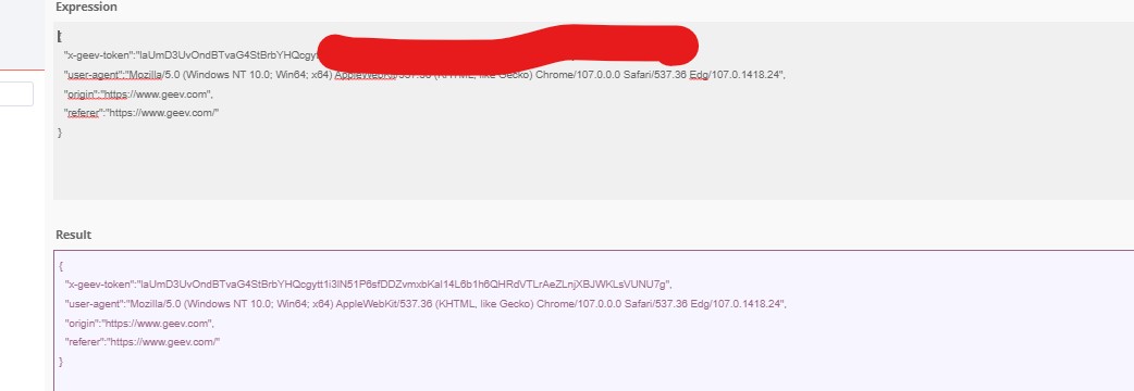 The request headers including the auth token, user agent, origin and referer
