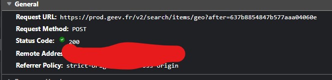Chrome network tab showing the POST search request and its 200 status