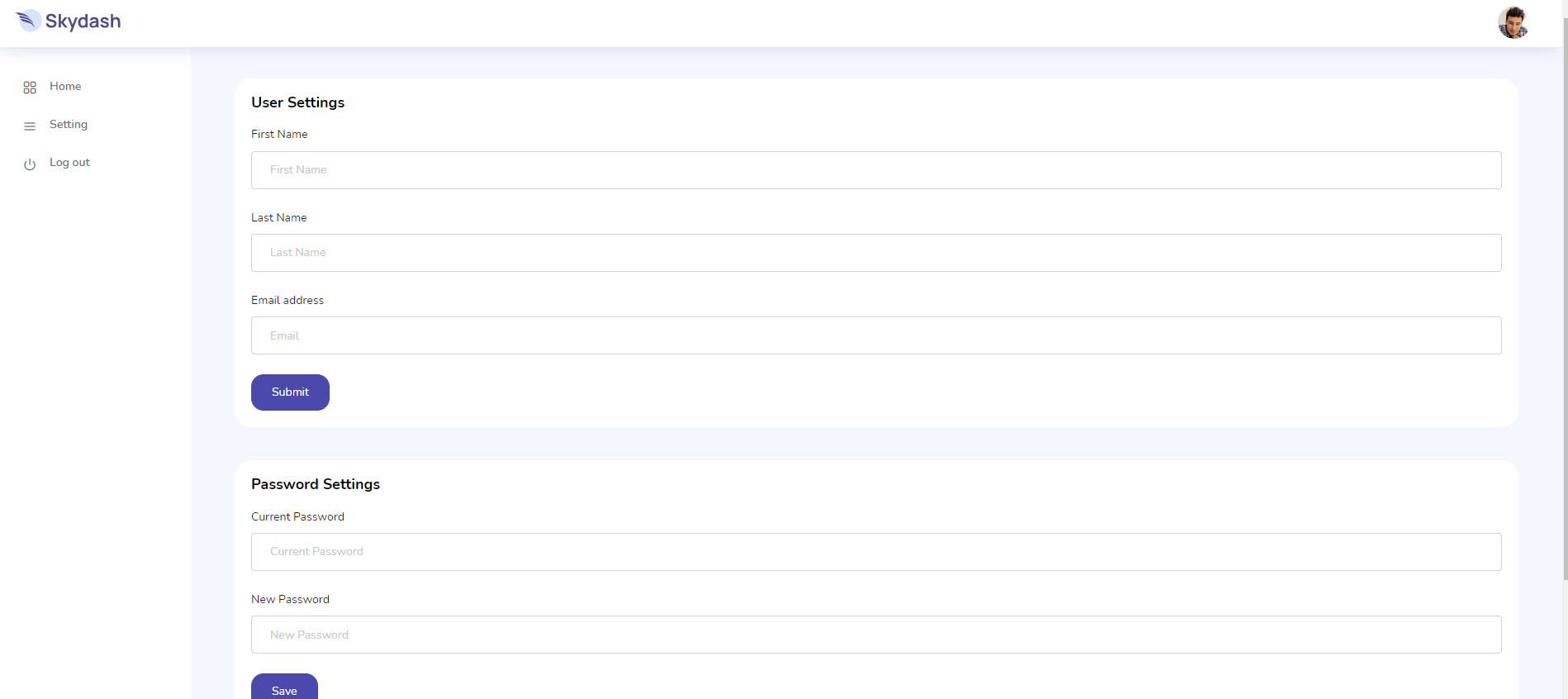 The Kecil settings page with user and password forms