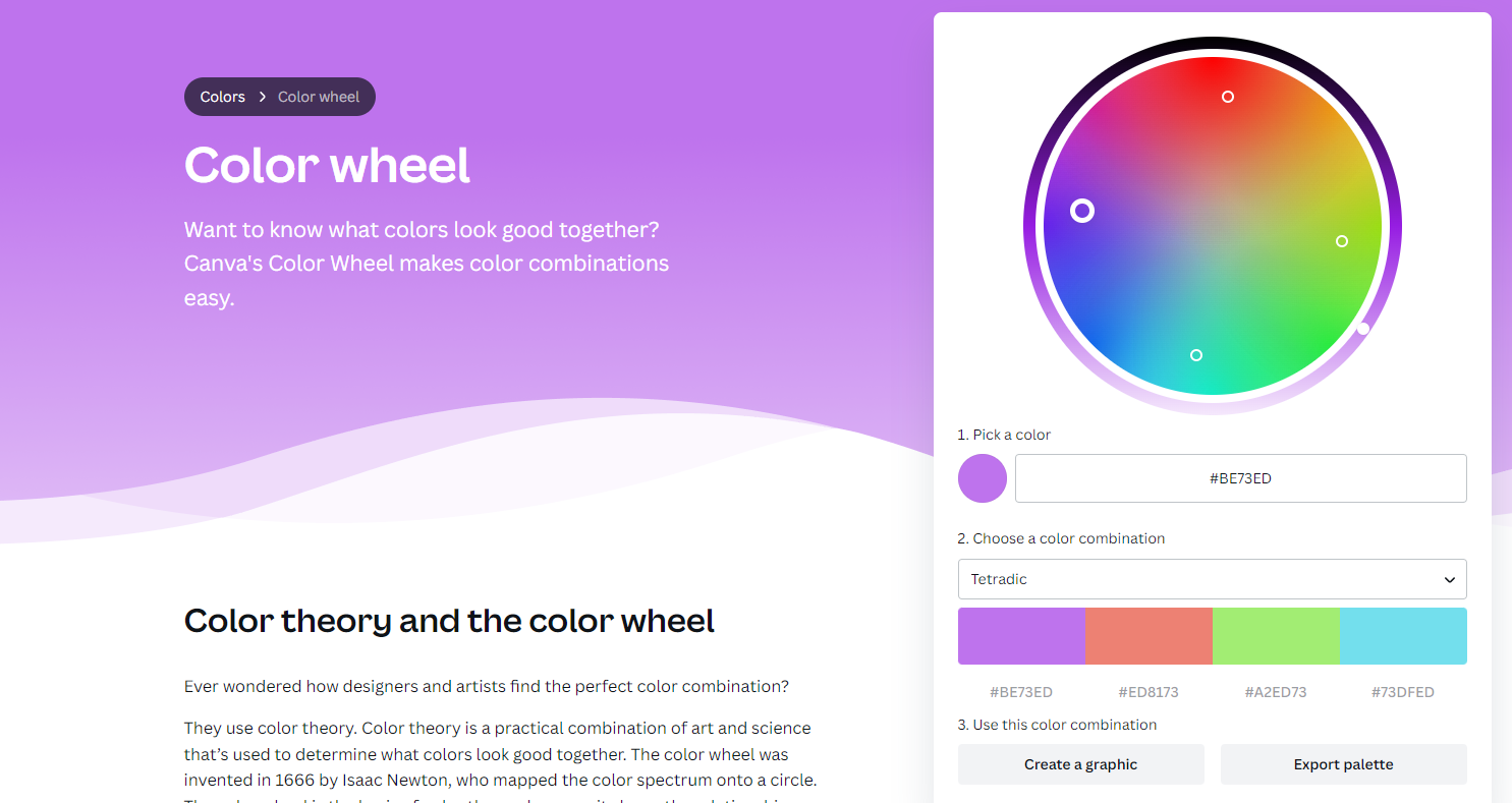 Canva colour wheel generating a tetradic palette from a purple base