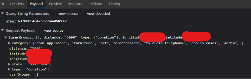 The request payload showing categories, distance, coordinates and item state