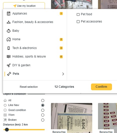 The app's own filter UI: categories, item condition and a 3km distance slider