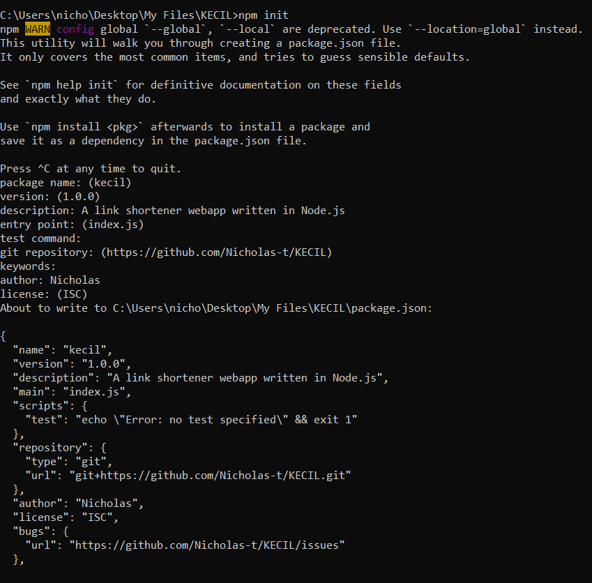 Terminal running npm init and printing the resulting package.json