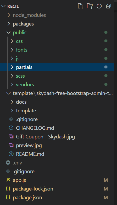 VS Code explorer showing the template's css, fonts, js, partials, scss and vendors folders copied into public