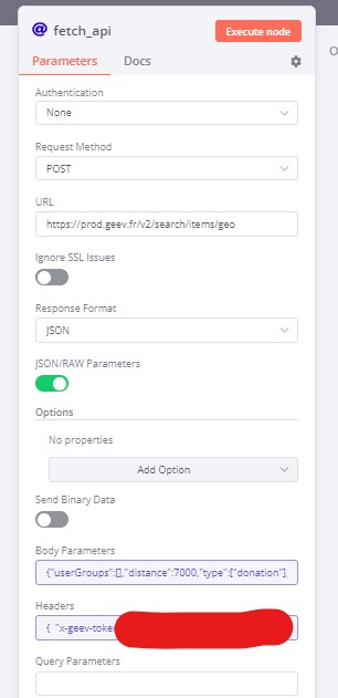 n8n HTTP request node configured with a POST to the search endpoint