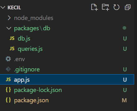 VS Code explorer showing packages/db with db.js and queries.js, plus .env and app.js