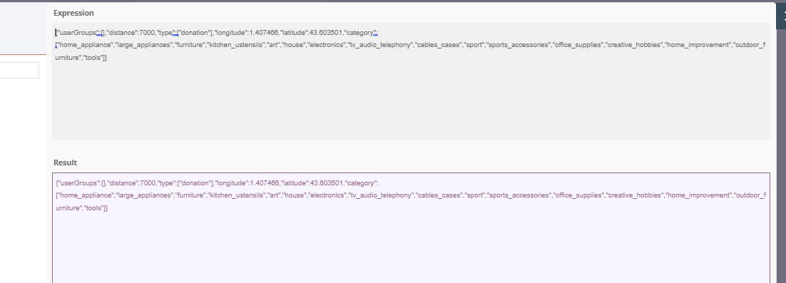 The JSON request body with coordinates, distance and category filters