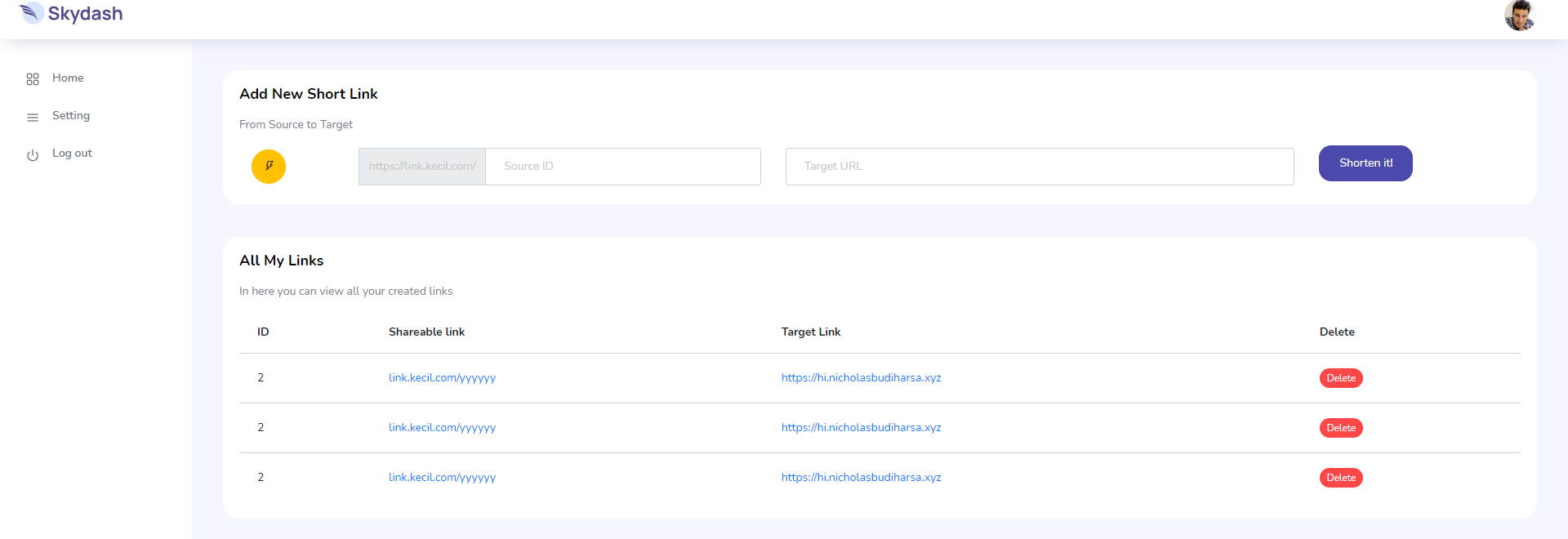 The Kecil home page with the shorten form and a table of links