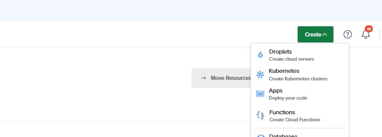 The Digital Ocean create menu with Droplets highlighted